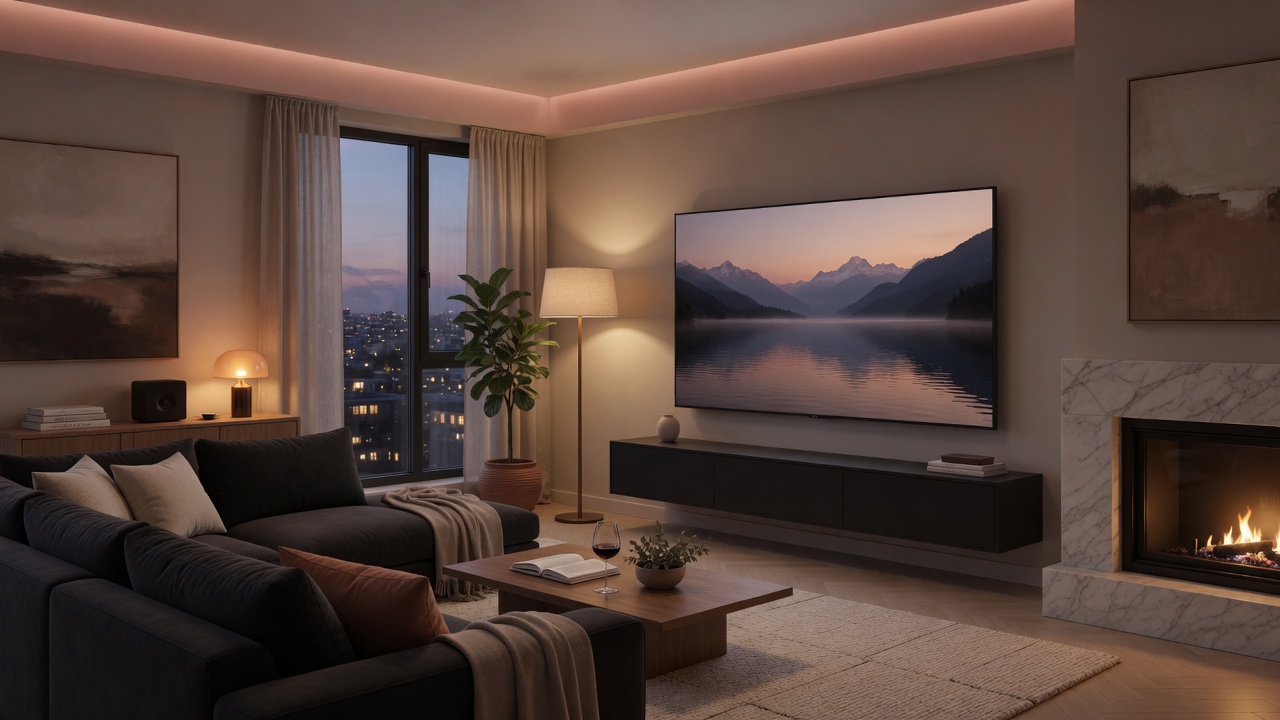 Светлая гостиная с большим экраном QUADRO TV