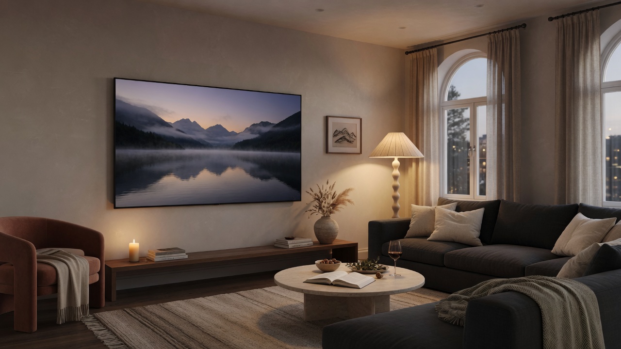 Уютная гостиная с QUADRO TV и спокойным визуальным фоном